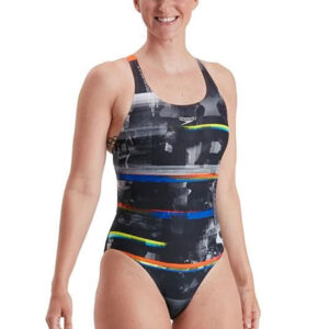 Speedo Placement Digital Powerback Swimsuit - Black/ Salso/ White/ Blue