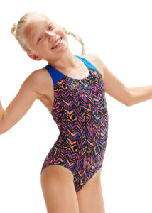 Speedo Girl's Allover Splashback Swimsuit - Black/ Blue Flame/ Boost Orange/ Rose Violet