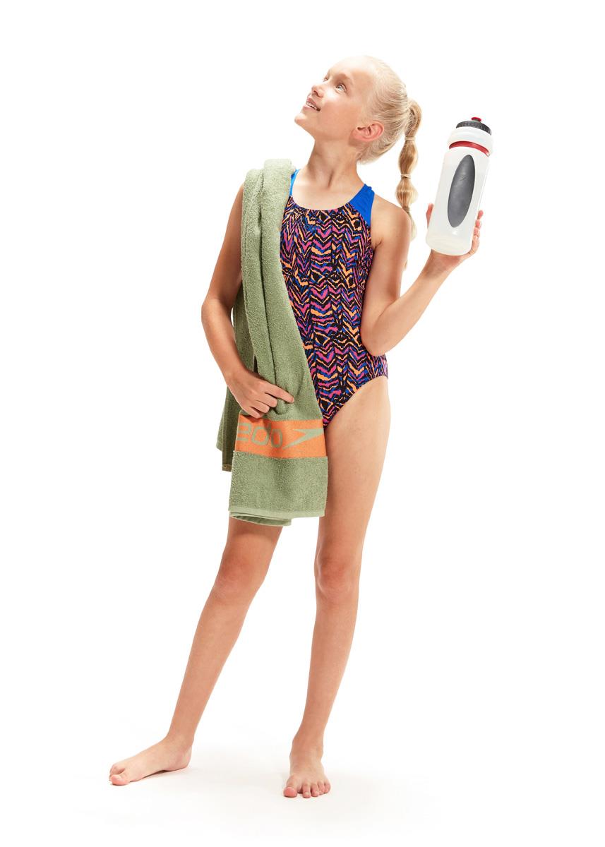 Speedo Girl's Allover Splashback Swimsuit - Black/ Blue Flame/ Boost Orange/ Rose Violet-573464