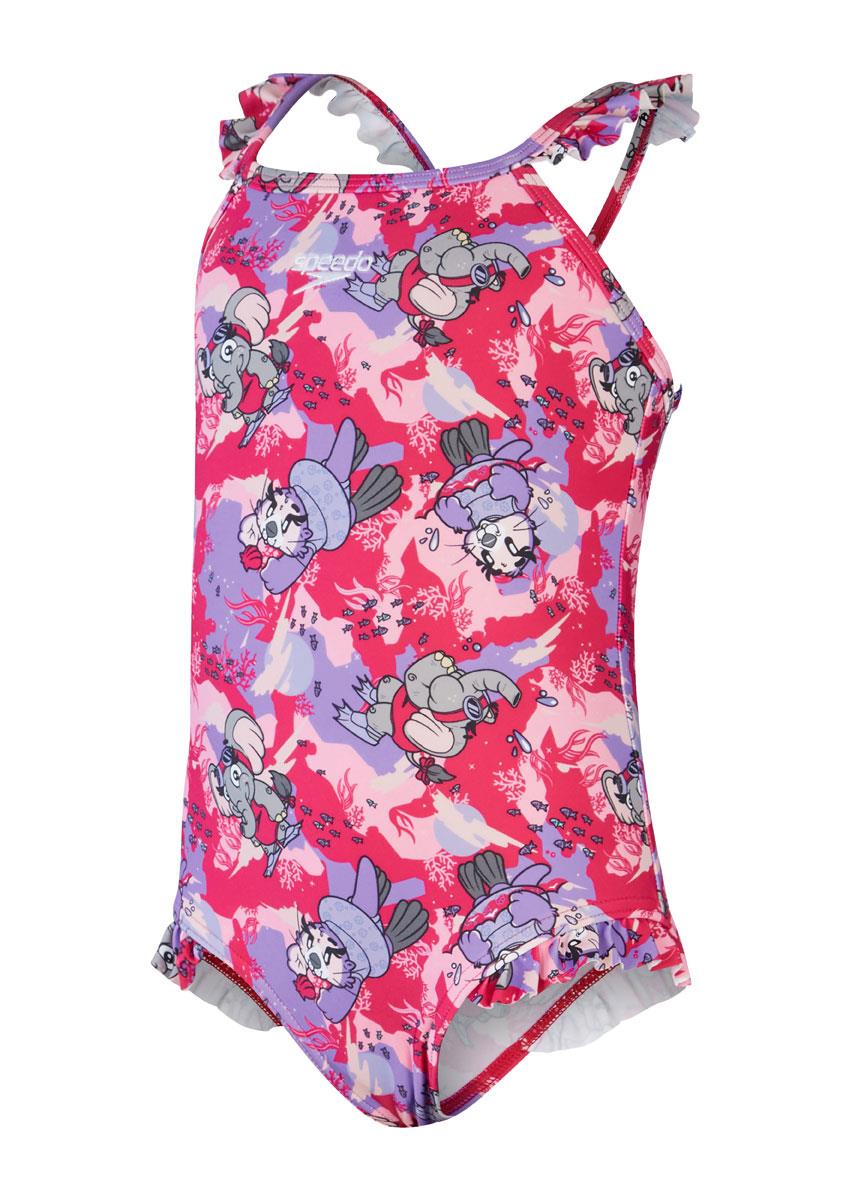 Speedo Girls Learn to Swim Printed Frill Thinstrap Swimsuit - Cherry Pink/Sweet Taro/Hellium-575224