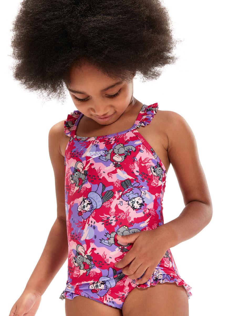Speedo Girls Learn to Swim Printed Frill Thinstrap Swimsuit - Cherry Pink/Sweet Taro/Hellium-575221