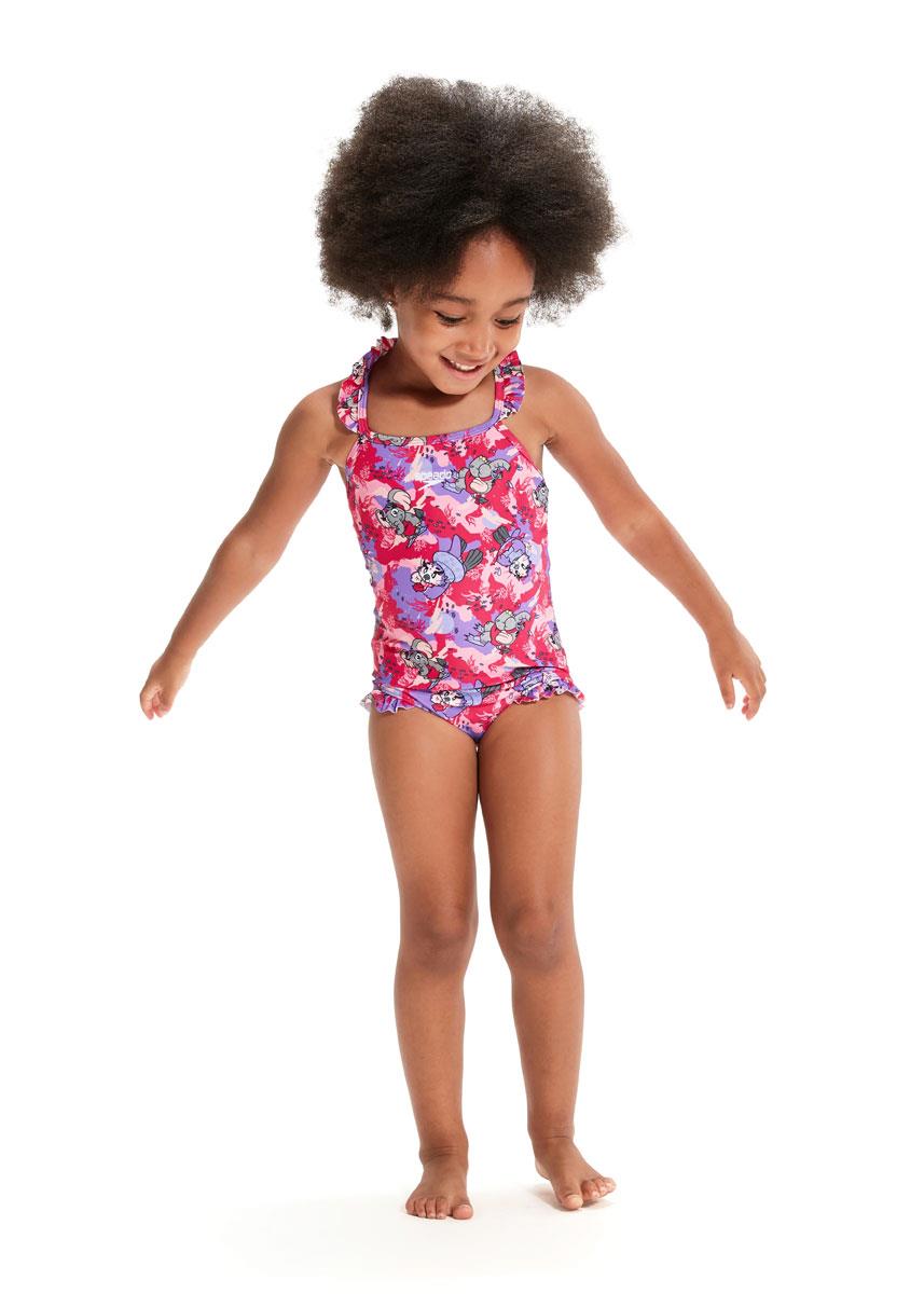 Speedo Girls Learn to Swim Printed Frill Thinstrap Swimsuit - Cherry Pink/Sweet Taro/Hellium-575218