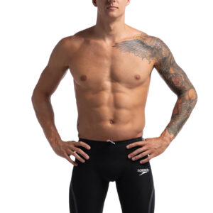 Speedo swimmer wearing Speedo Fastskin LZR Pure Intent 2.0 High Waisted Jammer - Black / Iridescent - Front view