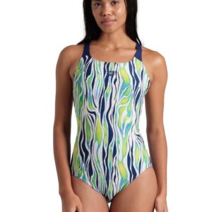 Girl wearing Arena Zebra Stripes Swim Pro Back Swimsuit - Multi / Navy - Front view