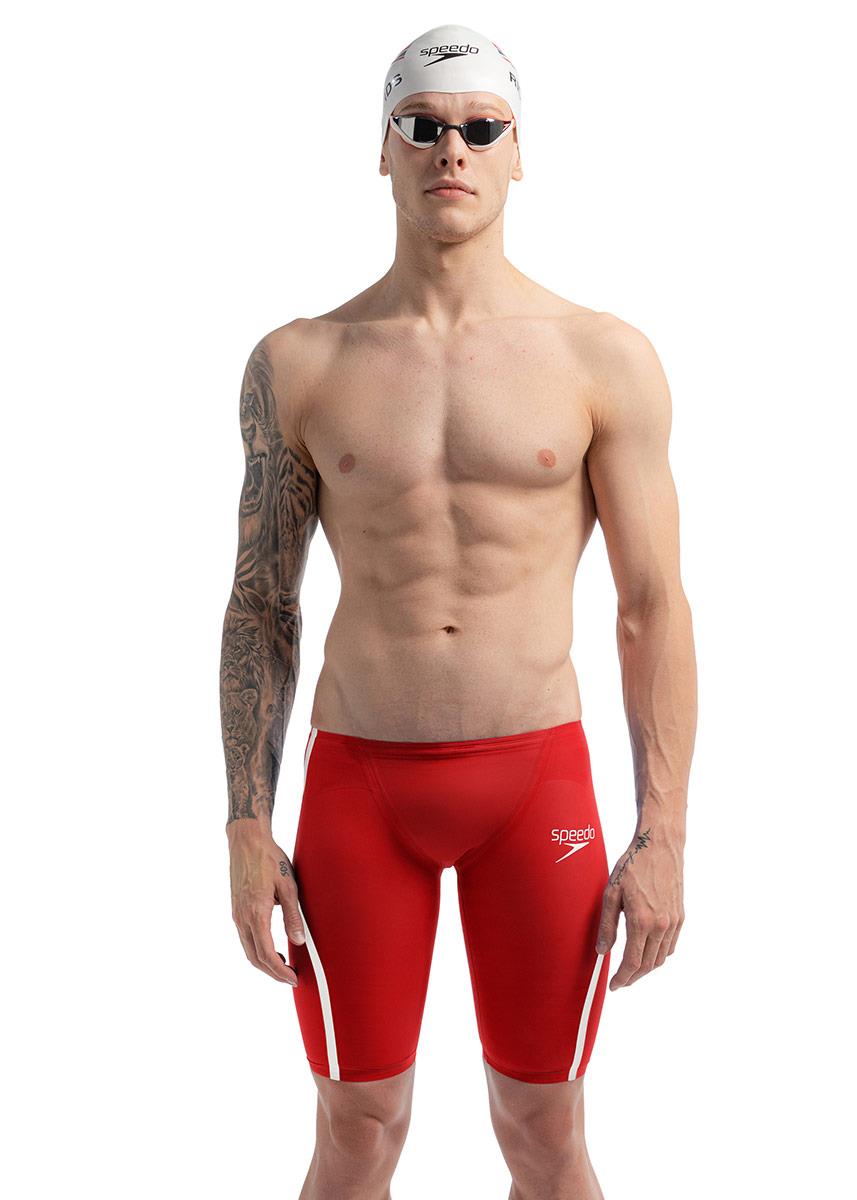 Model with googles in Speedo Fastskin LZR Pure Intent 2.0 Jammer - Flame Red / White