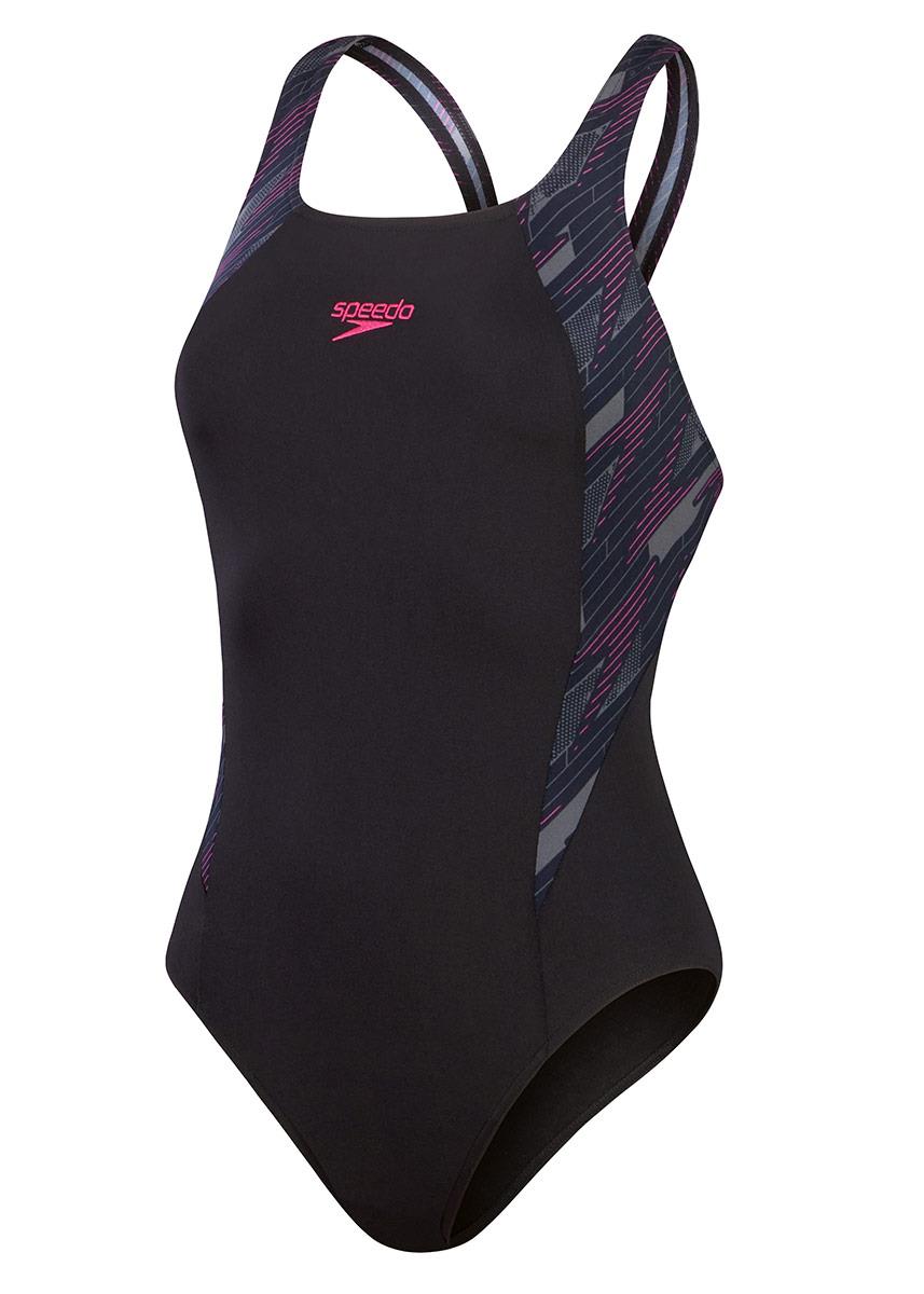 Speedo Womens HyperBoom Splice Muscleback Swimsuit - Black / Electric Pink/ / USA Charcoal-603367