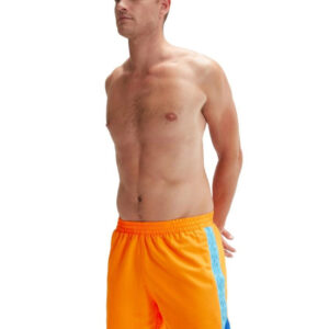 Man hoiding his hands behind back wearing Speedo HyperBoom Splice 16" Watershort - Mandarin / Blue / Cobalt