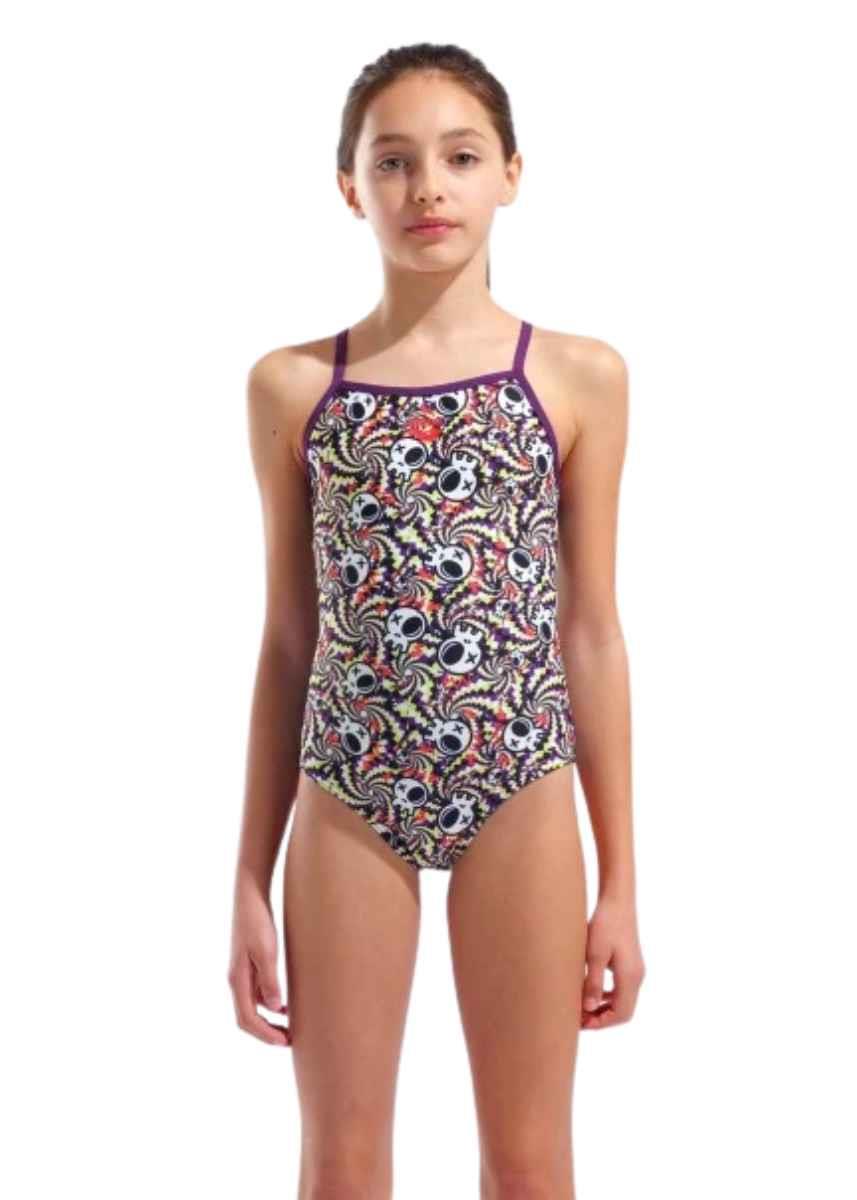 Arena Girl's Fun Skulls Lightdrop Back Swimsuit - Multi / Black / Plum-0