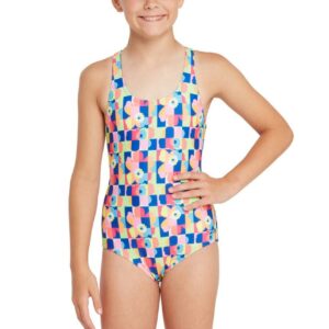 Girl wearing Zoggs Girls Flowerpatch Rowleeback Swimsuit - Front view